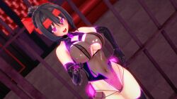  3d asagi_(kara_kikai) bare_shoulders black_hair boots breasts clothed_exposure collar crotch_tattoo empty_eyes female_only femsub gloves glowing glowing_eyes hand_on_hip headband kara_kikai koikatsu! large_breasts looking_at_viewer miniskirt navel open_mouth opera_gloves original pink_eyes ponytail rubber see-through skirt smile solo thigh_boots thighhighs 