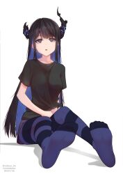  black_hair blue_hair feet female_only femsub hololive hololive_english horns multicolored_hair nerissa_ravencroft socks spiral_eyes striped_thighhighs thighhighs valtaur_tw virtual_youtuber 