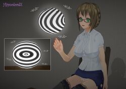  3d breasts brown_hair comic custom_maid_3d_2 dazed drool female_only femsub glasses glowing green_eyes hypnolordx hypnotic_orb ms._may_(hypnolordx) panties skirt symbol_in_eyes teacher text thighhighs upskirt 