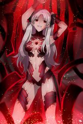 alternate_costume alternate_hair_color angra_mainyu aura breasts choker corruption evil_smile fate/stay_night fate/stay_night_heaven&#039;s_feel fate_(series) femsub glowing hair_ribbon kameko227 legs living_costume long_hair looking_at_viewer midriff navel parasite possession red_eyes ribbon rin_tohsaka smile thighs twintails white_hair