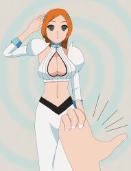  absurdres bleach breasts cleavage cleavage_cutout clothed esbypno female_only femsub finger_snap grey_eyes navel open_mouth orange_hair orihime_inoue saluting spiral_eyes standing standing_at_attention symbol_in_eyes tagme 