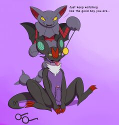  androgynous androgynous_dom animals_only bat bat_boy claws dabelette dialogue erection glasses gliscor happy_trance kaa_eyes malesub nintendo noivern non-human_feet pendulum penis pokemon pokemon_(creature) simple_background sitting text tongue tongue_out 