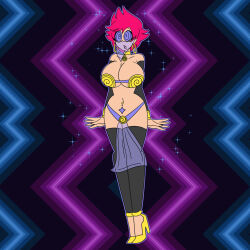  arm_warmers bracelet breasts cleavage collar collarbone earrings earthbound_(series) eyebrows_visible_through_hair female_only femsub harem_outfit high_heels kumatora loincloth mother_3 navel navel_piercing open_mouth piercing pink_hair purple_eyes short_hair simple_background solo sparkle spiralwash_eyes standing standing_at_attention tagme thighhighs veil zmt62 
