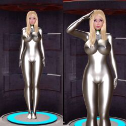  3d blonde_hair bodysuit breasts collar drone expressionless eyeshadow female_only femsub graybot long_hair looking_at_viewer makeup original rubber saluting solo standing standing_at_attention tech_control tight_clothing user5928 whitewash_eyes 