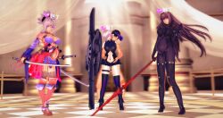  3d armor bare_shoulders bodysuit breasts cauhn censored charm_(spell) cleavage clothed clothed_sex enemy_conversion fate/grand_order fate_(series) femsub garyux glowing glowing_eyes hard_to_think_of_a_nickname heart high_heels koikatsu! long_hair magic maledom mashu_kyrielight midriff miyamoto_musashi_(fate) multiple_girls navel open_mouth pink_hair pregnant red_hair scathach_(fate/grand_order) see-through shield short_hair thighhighs tongue tongue_out very_long_hair weapon 