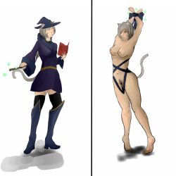absurdres animal_ears before_and_after bondage bottomless breasts cat_girl femsub gguy123 grey_hair happy_trance hat magic magic_wand nude topless witch witch_hat