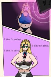  absurdres apron arms_behind_back before_and_after blonde_hair bottle breast_expansion breasts breath_of_the_wild clothed_exposure comic drool empty_eyes female_only femsub glowing_eyes green_eyes hair_ornament hypnotic_screen long_hair maid midriff nintendo nipples one_eye_open panties pink_background princess_zelda redisthere restrained signature simple_background skirt spiral spiral_eyes subliminal symbol_in_eyes tech_control text the_legend_of_zelda wine 