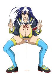  absurdres after_fellatio after_paizuri after_sex after_vaginal ahoge black_seasoning breasts brown_eyes collarbone cum cum_in_pussy cum_on_breasts cum_on_face empty_eyes erect_nipples erect_nipples_under_clothes female_only femsub humiliation large_hips medaka_box medaka_kurokami navel pov pov_dom simple_background solo standing thighhighs v white_background 