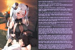 absurdres azur_lane bangs bare_shoulders black_hair blush bow breasts bustacaptionyourarse_(manipper) cleavage closed_eyes dress eyebrows_visible_through_hair femdom futon_fly_away gloves hair_ornament large_breasts long_hair manip mole multicolored_hair prinz_eugen_(azur_lane) red_hair sideboob sitting sleeping table text white_hair