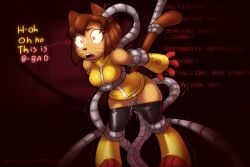  animal_ears bluecoffeedog boots bracers brown_hair cat_ears cat_girl female_only femsub furry gameoverse gloves glowing_eyes gradient_background hacking hanging_down kit_(gameoverse) no_panties open_mouth pants precum progress_indicator red_background red_eyes restrained short_hair solo sweat tail tentacles text tight_clothing vaginal 
