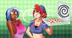 apron blue_hair dark_skin female_only femsub hypnotic_food hypnotic_smell katsiika midriff multiple_girls multiple_subs naked_apron pizza red_hair smell spiral spiral_eyes symbol_in_eyes