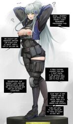  arms_above_head bangs belt bodysuit breasts breasts_outside cleavage_cutout clothed clothed_exposure confused dazed dialogue display drool empty_eyes english_text erect_nipples eroborne exposed_chest expressionless eye_roll eyebrows_visible_through_hair facial_markings female_only femsub girls_frontline hair_ornament hk416_(girls_frontline) knee_pads long_hair nipples open_clothes open_mouth ponytail posed rubber sign silver_hair simple_background solo speech_bubble standing statue straight-cut_bangs symbol text tight_clothing white_background yellow_eyes 
