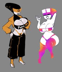 alternate_costume arms_above_head bikini bimbofication black_lipstick cleavage clone clothed_exposure corruption crop_top deltarune drone femsub glewd hand_on_head hand_on_hip huge_breasts jacket large_breasts large_hips lipstick long_nails makeup mole multiple_girls nail_polish panties pants queen_(deltarune) robot_girl simple_background sunglasses tagme thighhighs thong underwear visor white_skin