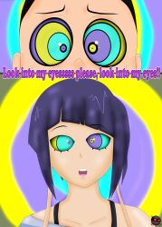  black_hair femsub hypno_ninja hypnotic_eyes kyoka_jiro maledom minoru_mineta my_hero_academia purple_hair short_hair text 