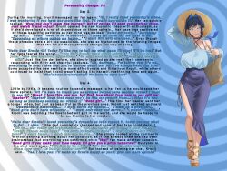 absurdres alternate_costume archinoer blue_eyes blue_hair breasts caption crop_top dress earrings feet femsub high_heels hololive hololive_english jewelry kronii_ouro large_breasts looking_at_viewer manip nail_polish necklace sandals smile spiral spiral_background spiraleditor_(manipper) text virtual_youtuber