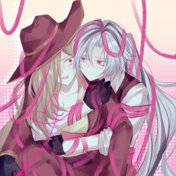  blonde_hair blush clothed coat empty_eyes eye_color_change femsub gloves hair_covering_one_eye hat heart heterosexual hug hypnotic_clothing limbus_company living_costume long_hair lucio_(limbus_company) malesub millaligusticum pink_eyes pink_shoes_(limbus_company) ponytail possession ribbon ribbon_bondage scared sub_on_sub sweat valencia white_hair 