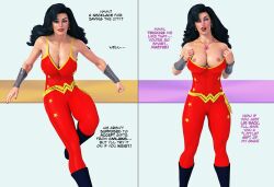  3d absurdres before_and_after black_hair blue_eyes breasts cleavage dc_comics dialogue donna_troy female_only femsub long_hair op-tron open_mouth solo super_hero teen_titans text western 