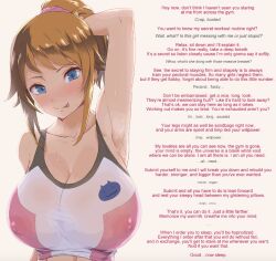  blue_eyes breasts brown_hair caption cleavage erect_nipples femdom fumina_hoshino gundam_(series) gundam_build_fighters gundam_build_fighters_try huge_breasts hypnotic_breasts kloah large_breasts looking_at_viewer manip ponytail sleep_command smile solo stroke_(manipper) tank_top text thornboi_(manipper) tongue 