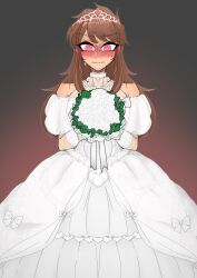 absurdres blush bridal_gauntlets brown_hair choker crown dress empty_eyes eye_color_change eyebrows_visible_through_hair feminization flower gloves gradient_background jewelry long_hair looking_at_viewer necklace original red_eyes ring_eyes simple_background solo sweat thighhighs unhappy_trance wedding_dress ysdo 
