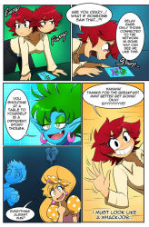  apron blonde_hair blue_skin bree_(gacha_gotcha) comic dialogue dress earrings gacha_gotcha green_hair humor kobi94 red_hair short_hair snip_(gacha_gotcha) speech_bubble text 