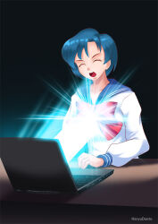  blue_hair breasts closed_eyes female_only gradient_background hadant large_breasts open_mouth sailor_mercury sailor_moon_(series) school_uniform short_hair signature simple_background solo watermark 