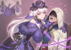 androgynous_sub aura bare_shoulders blush bondage breasts chains chair charm_(spell) chin_hold cleavage clothed drool femdom fire_emblem fire_emblem_heroes fire_emblem_three_houses gloves hat heart high_heels hood horns hypnotic_magic kiran_(fire_emblem) looking_at_viewer love lysithea_von_ordelia magic nintendo no_eyes pink_eyes restrained sitting spiral symbol thouart_i_(generator) white_hair