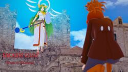 aware clothed cover cyanstargazer english_text goddess green_hair kid_icarus long_hair multiple_girls nintendo palutena red_hair shield staff super_mario_bros. text