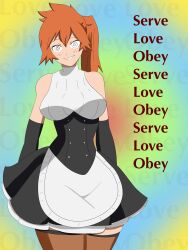 absurdres breasts female_only femsub happy_trance itsuka_kendo large_breasts long_hair maid mantra my_hero_academia orange_hair smile solo spiral_eyes standing syas-nomis symbol_in_eyes text