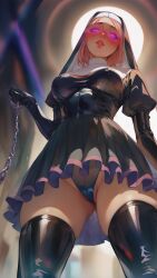 ai_art blush boots chains cleavage dazed female_only femdom femsub gloves glowing_eyes hypnotized_dom leather leotard lipstick lizzytzee_(generator) nun opera_gloves original pink_eyes pink_hair pov pov_sub short_hair skirt thigh_boots thighhighs