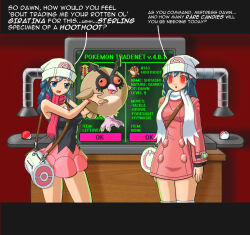  blue_hair crossed_eyes dawn dialogue dual_persona empty_eyes femdom femsub financial_domination glowing glowing_eyes hat hoothoot humor long_hair multiple_persona nintendo pokeball pokemon pokemon_(creature) pokemon_diamond_pearl_and_platinum red_eyes standing standing_at_attention text unfocused_eyes veloxiraptor wall_eyed 