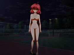  barefoot bottomless breasts empty_eyes expressionless female_only femsub green_eyes hiroko_homura looking_at_viewer night nude outdoors penlight pink_hair short_hair standing starmvenus topless 