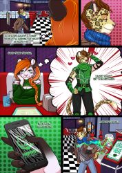 ash_(ashkelling) brown_hair cat_boy cat_girl clothed comic femdom furry keilani_(keilani) leopard_boy original red_hair scarlet-frost smile text tiger_girl