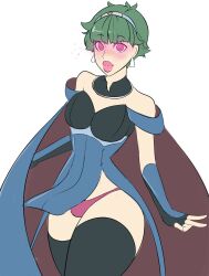 alm_(fire_emblem) bare_shoulders blush breasts bulge cape celica_(fire_emblem) crossdressing crown dress earrings feminization fingerless_gloves fire_emblem fire_emblem_echoes gloves glowing glowing_eyes green_hair happy_trance jewelry large_breasts large_lips lipstick malesub nintendo pink_eyes sealguy short_hair spiral_eyes symbol_in_eyes thighhighs thong white_background
