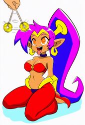 ai_art coin femsub genie happy_trance harem_outfit jewelry kneeling large_breasts maledom navel pendulum ponytail purple_hair shantae shantae_(series) simple_background spiral_eyes tan_skin tongue tongue_out valukore_(generator) very_long_hair