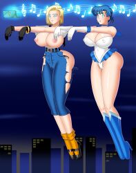 android_18 blonde_hair blue_eyes blue_hair bluebullpen boots bracelet breasts crossover dragon_ball dragon_ball_z expressionless femsub floating gloves high_heels huge_breasts hypnotic_audio hypnotic_music jewelry multiple_girls necklace sailor_mercury sailor_moon_(series) short_hair spiral_eyes symbol_in_eyes tech_control topless torn_clothes zombie_walk
