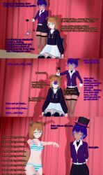  3d absurdres animal_ears belt blue_eyes bra brown_hair choker closed_eyes denial dialogue dog_ears dog_girl empty_eyes english_text eye_roll female_only femdom femsub fishnets glasses gloves koikatsu! liz_b lizzy_(hypno_cutie) mantra midriff miss_hypnos_(liz_b) navel panties pendulum pocket_watch purple_eyes purple_hair short_hair short_skirt skirt smile stage_hypnosis sweater text thighhighs underwear unfocused_eyes upskirt zombie_walk 