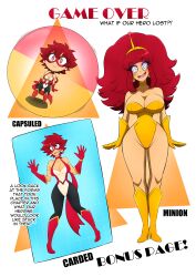 antenna bad_end bare_shoulders bodysuit boots bouffant bracelet brain_drain bree_(gacha_gotcha) cape chibi choker cleavage collarbone defeated earrings enemy_conversion eyebrows_visible_through_hair eyelashes eyeshadow female_only femsub freckles gacha_gotcha gloves happy_trance hourglass_figure kobi94 large_breasts legs leotard long_hair looking_at_viewer makeup mask mole open_mouth original red_eyes red_hair restrained short_hair smile solo standing super_hero tech_control text thick_thighs thighhighs thighs transformation wide_hips