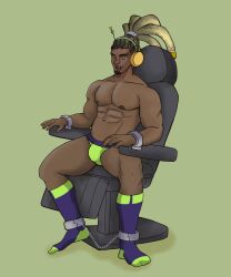  blonde_hair chains chair headphones lucio male_only malesub muscle_boy nipples overwatch sitting socks solo spiral_eyes topless 