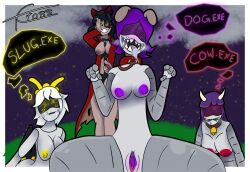  alternate_costume bow breasts cow_girl cyn_(murder_drones) dog_ears dog_pose doll_(murder_drones) drool inverted_nipples murder_drones nipple_piercing nipples pet_play pussy robot robot_girl serial_designation_v spiral_eyes tcross uzi_doorman 