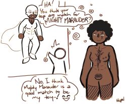 abs absurdres afro bottomless breasts cape coin dark_skin dialogue femsub happy_trance hypel mask monochrome muscle_girl navel nipple_piercing nude piercing pubic_hair scar socks spiral standing standing_at_attention super_hero text thick_thighs thighhighs topless undressing
