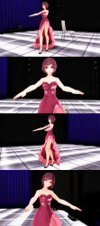 3d absurdres brown_hair chair comic dazed dress empty_eyes expressionless female_only femsub high_heels meiko_sakine open_mouth stage stage_hypnosis vocaloid zombie_walk