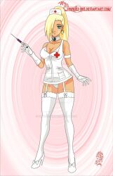 bare_shoulders blonde_hair blue_eyes bow breasts cleavage collar collarbone dazed earrings empty_eyes expressionless female_only femsub garter_straps gloves hat high_heels hypnotic_accessory ino_yamanaka jewelry large_breasts looking_at_viewer naruto_(series) necklace needle nurse open_clothes ponytail sigfried028 standing syringe thighhighs thighs watermark