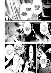 artist_request blush comic empty_eyes english_text expressionless femsub greyscale hard_translated isekai_ntr long_hair maledom monochrome nude screenshot short_hair speech_bubble tagme text translated