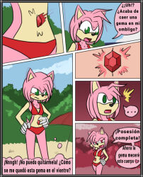 amy_rose beach comic crystal dialogue empty_eyes femsub furry hedgehog_girl hypnotic_accessory mythkaz pink_hair possession red_eyes sonic_the_hedgehog_(series) spanish swimsuit text translated