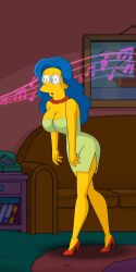absurdres blue_hair breasts cleavage female_only femsub high_heels hypnotic_audio hypnotic_music jimryu large_breasts long_hair marge_simpson milf necklace open_mouth ring_eyes the_simpsons yellow_skin