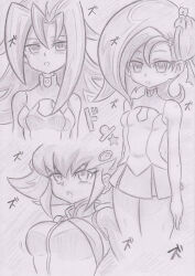 anna_kaboom banshou breasts dazed empty_eyes expressionless femsub greyscale large_breasts long_hair monochrome multiple_girls open_mouth rio_kastle short_hair sketch small_breasts standing standing_at_attention tori_meadows traditional translation_request yu-gi-oh! yu-gi-oh!_zexal