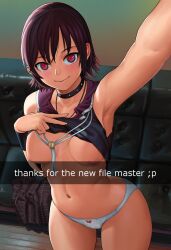 blush breasts brown_hair cleavage erect_nipples female_only femsub final_fantasy final_fantasy_xv grima180_(manipper) happy_trance heart heart_eyes iris_amicitia large_breasts lasterk manip panties red_eyes selfie short_hair smile symbol_in_eyes tech_control text underwear