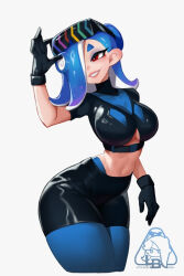 blue_hair cleavage_cutout crop_top female_only gloves hair_covering_one_eye hourglass_figure hypnoshades large_breasts large_hips latex leaning_forward leggings littleblood midriff nintendo red_eyes shiver_(splatoon) shorts signature simple_background smile solo splatoon splatoon_2 splatoon_3 standing tagme underboob white_background