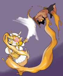  angel angel_girl black_background black_hair blonde_hair closed_eyes clothed dark_skin eyepatch faetomi femsub maledom original short_hair simple_background 