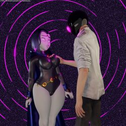  3d bare_legs breast_grab cameltoe dc_comics demon_girl empty_eyes erect_nipples femsub grey_skin groping helmet large_breasts latex latinkaixa leotard maledom purple_hair raven short_hair spiral_background super_hero tech_control teen_titans 